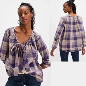 Free People We the Free Big Bow Plaid Pullover Top Blouse Size Medium